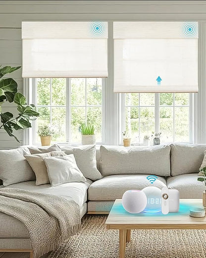 Motorized Bamboo Roman Blinds with Remote, Woven Roman Shades Compatible with Alexa Google Home, Automatic Bamboo Blind for Indoor Windows CustomSize(Dune Line)
