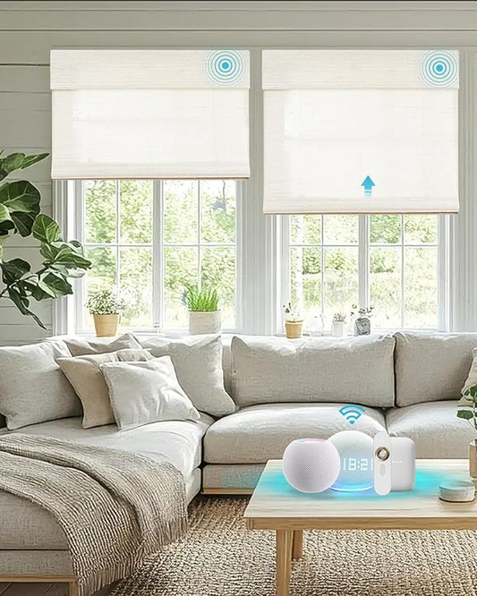 Motorized Bamboo Roman Blinds with Remote, Woven Roman Shades Compatible with Alexa Google Home, Automatic Bamboo Blind for Indoor Windows CustomSize(Dune Line)