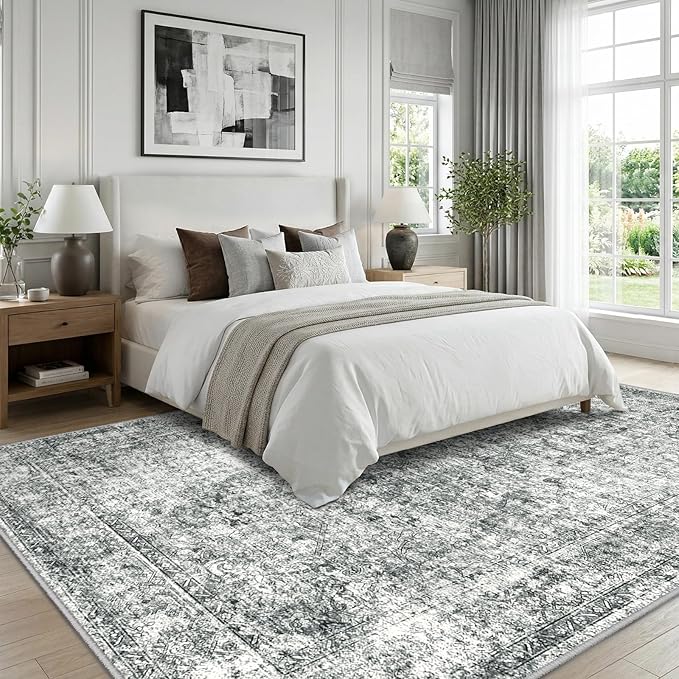 CAPALOCA Machine Washable Rugs Nursery Rug 7x9 Cute Girl Non Slip Low Pile Water Repellent Soft Print Pattern for Bedroom Indoor Decor Kids Playroom Grey