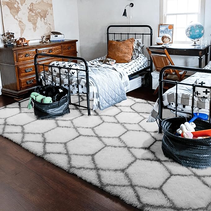 ONASAR 8x10 Area Rugs for Living Room, Fluffy White and Grey Rug for Bedroom, Geometric Moroccan Indoor Shaggy Boho Soft Plush Floor Carpet for Kids Teen Nursery Dorm Home Decor Aesthetic