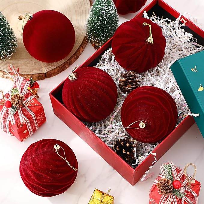 Liliful 12 Pcs Velvet Christmas Ornaments Balls, 4 Inch Flocked Plastic Christmas Tree Ball Shatterproof Hanging Ornaments Decorations for Xmas Tree Vintage Holiday Rustic Home Decor(Wine Red)