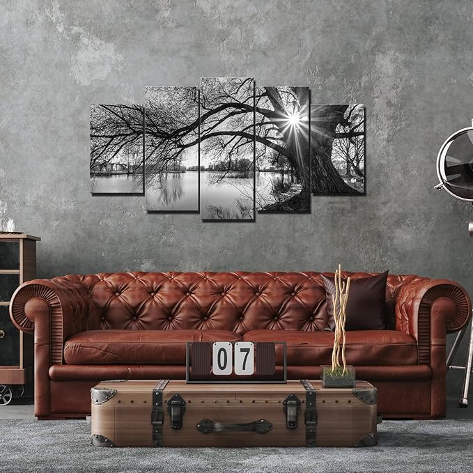 sechars - 5 Pieces Wall Art Old Tree by Lake Picture Canvas Prints Sunrise Painting Black and White Landscape Canvas Art Modern Wall Decoration Framed and Ready to Hang