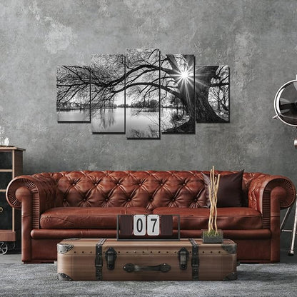 sechars - 5 Pieces Wall Art Old Tree by Lake Picture Canvas Prints Sunrise Painting Black and White Landscape Canvas Art Modern Wall Decoration Framed and Ready to Hang