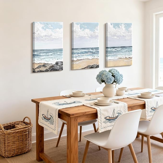 WENGTIAO Beach Canvas Wall Art Prints Set of 3 Coastal Seaside Wall Paintings Abstract Seascape Photos Pictures Blue Ocean Artwork for Home Decor Living Room Bedroom Office 16”x24”x3
