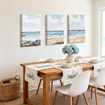 WENGTIAO Beach Canvas Wall Art Prints Set of 3 Coastal Seaside Wall Paintings Abstract Seascape Photos Pictures Blue Ocean Artwork for Home Decor Living Room Bedroom Office 16”x24”x3