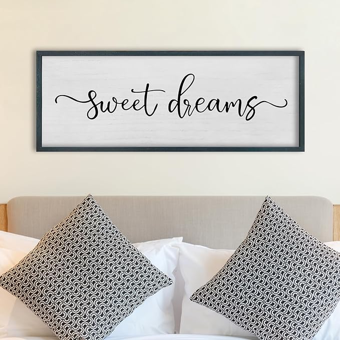 FZMHASLWW Sweet Dreams Wall Decor Above Bed Sign 40" x 15" Wood Framed Rustic Master Bedroom Over Bed Farmhouse Guest Room Signs Wall Art Decoration (Black)