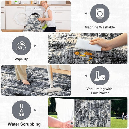 8x10 Area Rugs for Living Room - Washable Rug Modern Abstract Soft Large Neutral Non-Slip Carpet Indoor Floor Thin Carpets for Bedroom Dining Room Farmhouse Nursery Home Office Black Gold