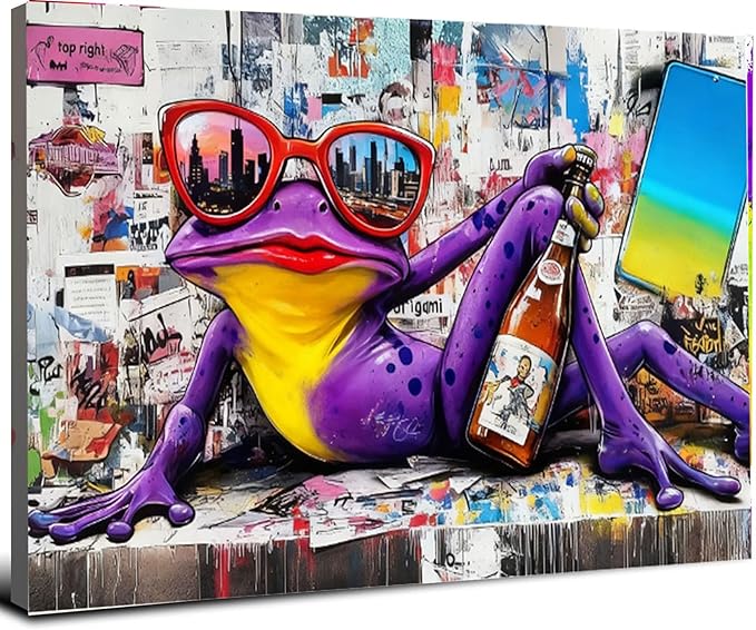 12x16 Urban Graffiti Purple Frog with Sunglasses Wall Art Canvas Painting Gallery Pop Art Street Artwork Decor Teen Little Boys Room Pictures Kids Bedroom Men Office Living room Framed Posters