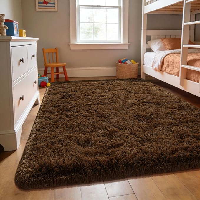 Andecor Soft Fluffy Bedroom Rugs, 5 x 8 Feet Indoor Shaggy Plush Area Rug for Boys Girls Kids Baby College Dorm Living Room Home Decor Floor Carpet, Coffee