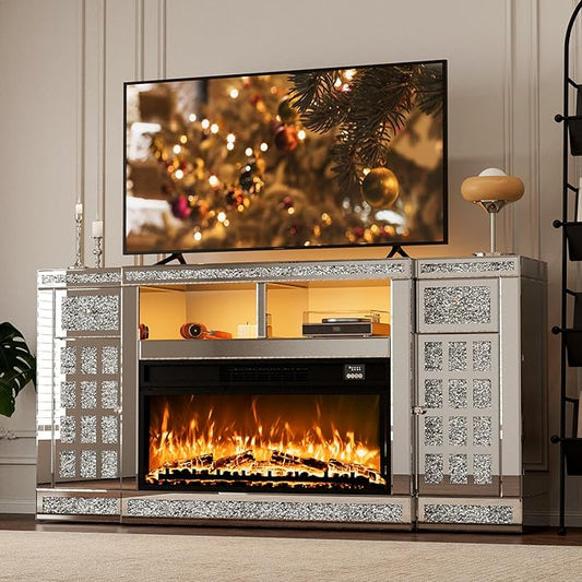 IKIFLY Mirrored Fireplace TV Stand for 65+ inch TV, Silver TV Console Table with Crushed Diamond and LED, Modern Media Entertainment Center with Storage for Living Room, Bedroom and Office