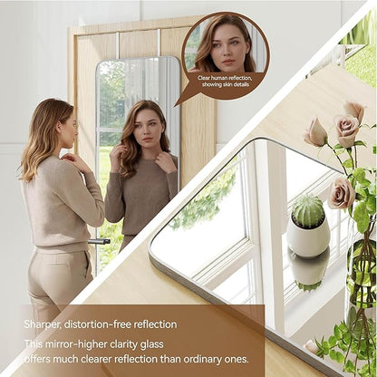 NARCISSUS 57x20 Mirror Door Hanging Full Length Body with Floor Stand or Wall Mounted Metal Aluminum Frame Tempered Glass Rectangle Mirrors for Bedroom Dressing Living Room Bathroom 57 inch Silver
