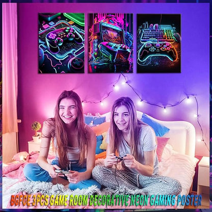 BGFCE Game Room Decor Posters Set of 3 - Neon Gaming Accessories Theme Canvas Wall Art, Gamer Console Paintings Picture Wall Decor for Children Youth Boys Bedroom 16x24 inch Unframed