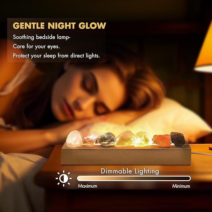 Healing Crystal Night Light,7 Chakra Stones Bedside Lamp,Mood Light with Wooden LED Light Base,Healing Stones Positive Energy Night Light for Home Decor Gifts (Plug-in)