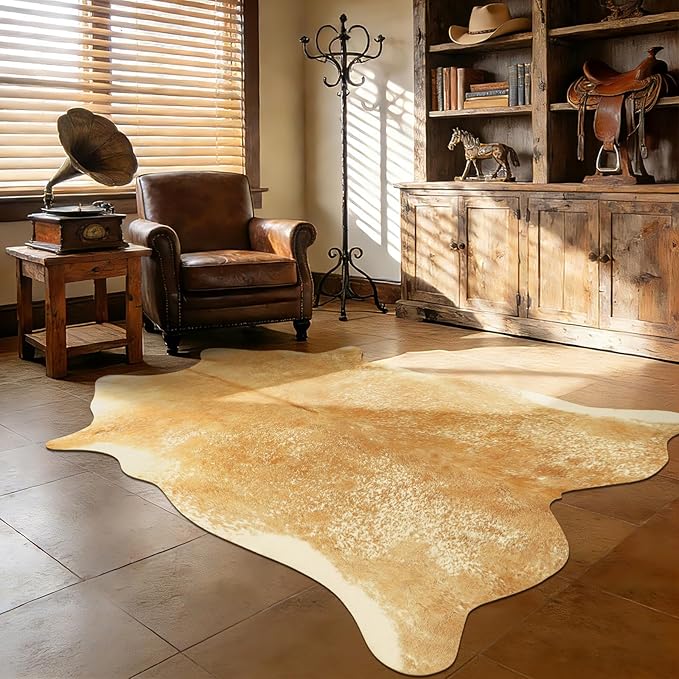 3x4Ft Beige Faux Cowhide Rug - Washable Non Slip Western Rustic Area Rugs for Living Room Bedroom, Small Cow Print Accent Rug, Layering Throw for Office Desk, Vintage Farmhouse Decor