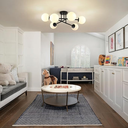 6-Light Glass Sputnik Chandeliers Black Sputnik Ceiling Light Fixture with Milk White Glass Globe Flush Mount Ceiling Light Fixture for Dining Room Farmhouse Kitchen Living Room Bedroom