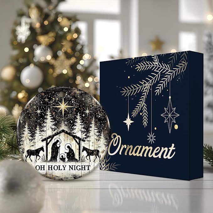 Oh Holy Night Nativity Ornament 2025 – Gift for Congregation, Rustic Christian Décor Featuring Manger Scene with Baby Jesus, Mary, Joseph, Star of Bethlehem, Religious Keepsake for Faith-Based