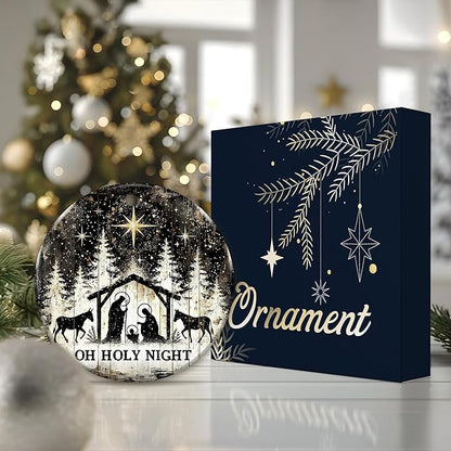 Oh Holy Night Nativity Ornament 2025 – Gift for Congregation, Rustic Christian Décor Featuring Manger Scene with Baby Jesus, Mary, Joseph, Star of Bethlehem, Religious Keepsake for Faith-Based