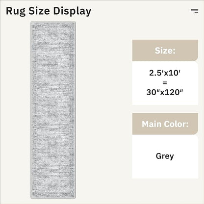Soalmost Runner Rug 2'6" x 10' Washable Non-Slip Runner Rugs for Kitchen Bathroom Laundry Room Vintage Ultra Thin Runners for Hallway Entryway Grey