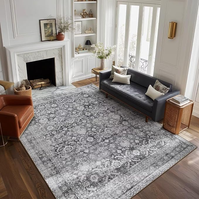Washable 6x9 Area Rugs for Living Room, Boho Non-Slip Vintage Distress Large Rugs for Bedroom Dining Room Nursery Office, 0.3" Neutral Oriental Throw Thin Carpet, Grey/Multi, C5