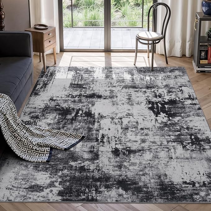Rugflix 5x8 Area Rugs for Living Room, Washable Large Rug Stain-Resistant Low Pile, Modern Dark Carpet for Dining Room Home Office Kid Room Nursery Bedroom, Black Grey