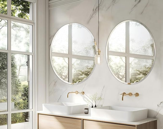 Frameless Round Wall Mirror: Decorative Mirrored Glass Vanity with Beveled Silver Edge for Bathroom Bedroom Livingroom Dining Room Entryway Hallway, 32 x 32 inch