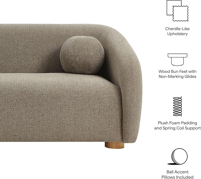 Modway Holland 85 Inch Minimalist Curved Back Sofa in Taupe – Chenille Fabric Sofa with Ball Throw Pillows and Wood Feet – Modern 3-Seater Couch for Living Room