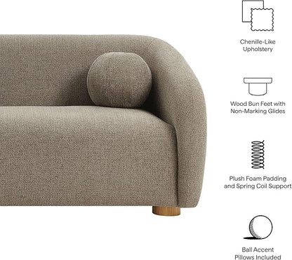 Modway Holland 85 Inch Minimalist Curved Back Sofa in Taupe – Chenille Fabric Sofa with Ball Throw Pillows and Wood Feet – Modern 3-Seater Couch for Living Room