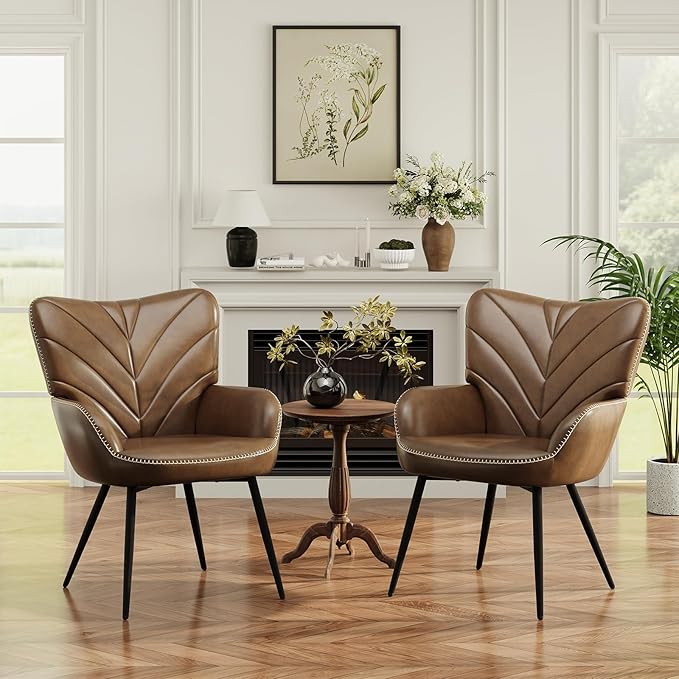 MALOL Modern Mid-Century Faux Leather Accent Chair, Upholstered Armchair with Curved Backrest, Sturdy Metal Base, Living Room, Bedroom & Reading Nook,Brown