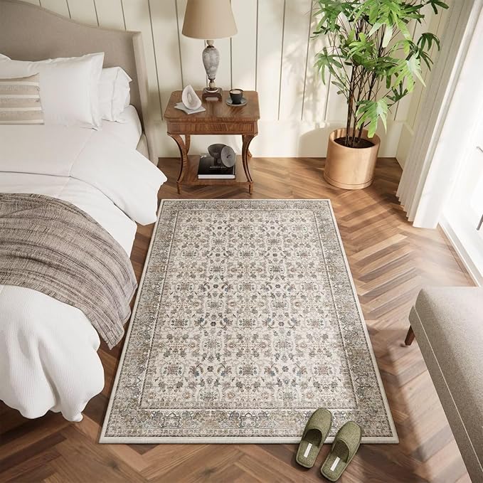 Washable 4x6 Rugs for Living Room, Boho Non-Slip Vintage Distress Small Rugs for Bedroom Nursery Office, 0.3" Neutral Oriental Throw Thin Carpet with Cushioning Pad,Cream/Blue/Orange/Multi,A2