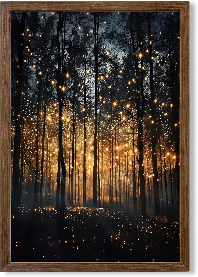 JLTULT Framed Enchanted Forest Firefly Canvas Wall Art, Dark Twilight Landscape Wall Decor, Rustic Botanical Nature Tree Art Prints for Bedroom Living Room Office Decoration 20x30 inch Easy to Hang