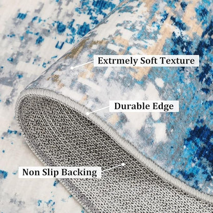 ROYHOME 2x6 Modern Abstract Runner Rug Non Slip Soft Stain Resistant Low Pile Machine Washable Non Shed Rug for Hallway Kitchen Bathroom, Blue/Grey