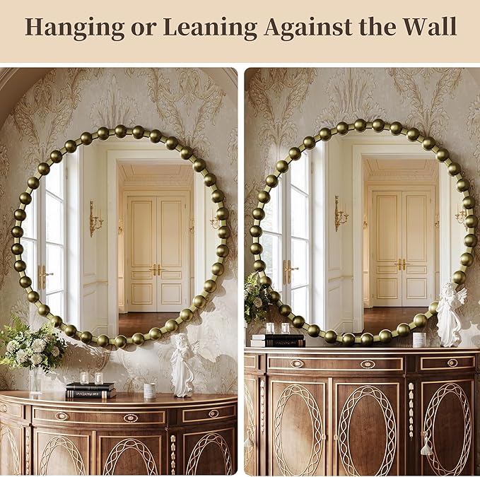 Round Mirror for Wall, 36 Inch Bronze Round Vanity Mirror with Beaded Frame, Modern Decorative Wall Mirror for Bathroom, Entryway, Bedroom, Living Room, Shatter-Proof Tempered Glass, Bronze