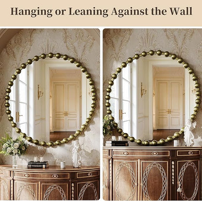 Round Mirror for Wall, 36 Inch Bronze Round Vanity Mirror with Beaded Frame, Modern Decorative Wall Mirror for Bathroom, Entryway, Bedroom, Living Room, Shatter-Proof Tempered Glass, Bronze