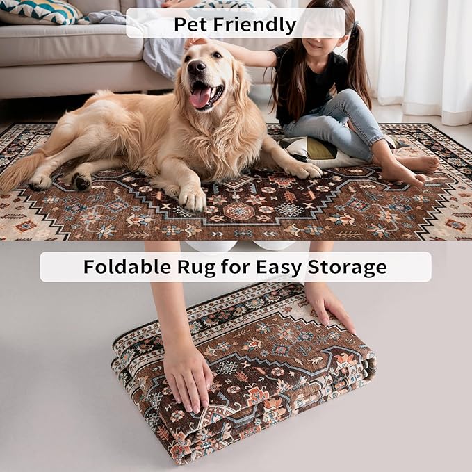 Tangsoo 2x5 Washable Runner Rug for Hallway,Non Slip Vintage Rug Runner for Entryway,Brown Beige Floral Soft Low Pile Floor Carpet Runner for Kitchen Bedroom Laundry Bathroom
