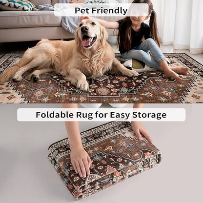 Tangsoo 2x5 Washable Runner Rug for Hallway,Non Slip Vintage Rug Runner for Entryway,Brown Beige Floral Soft Low Pile Floor Carpet Runner for Kitchen Bedroom Laundry Bathroom