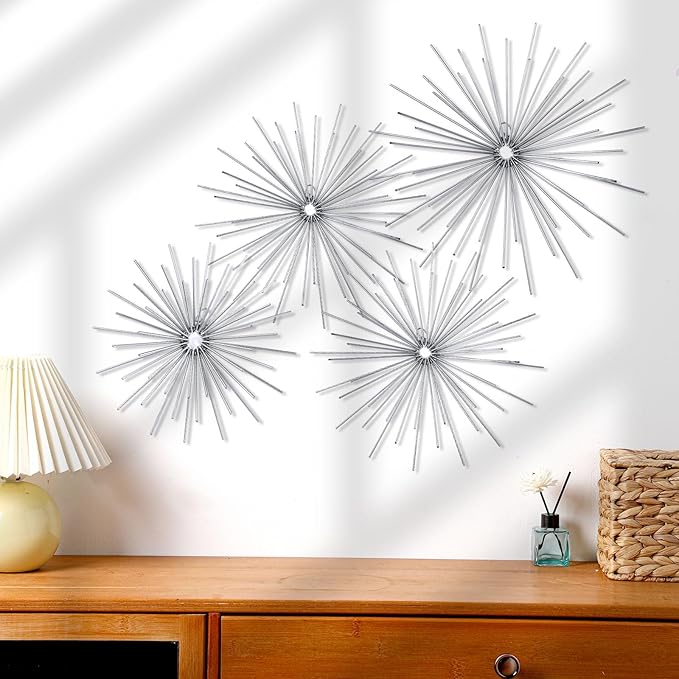 Shimeyao 4 Pcs Metal Starburst Wall Decor Silver Metal Wall Art 3D Spike Bling Finish Star Burst Hangings Accents Sculptures Set Modern Mid Century Decorations for Living Room Bedroom Entryway