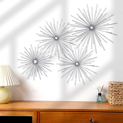 Shimeyao 4 Pcs Metal Starburst Wall Decor Silver Metal Wall Art 3D Spike Bling Finish Star Burst Hangings Accents Sculptures Set Modern Mid Century Decorations for Living Room Bedroom Entryway