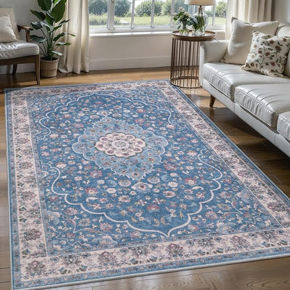 Tangsoo Vintage 3x5 Rug for Bedroom,Non-Slip Soft Low Pile Blue Beige Indoor Area Rug,Washable Boho Carpet for Front Porch Living Room Patio Entryway