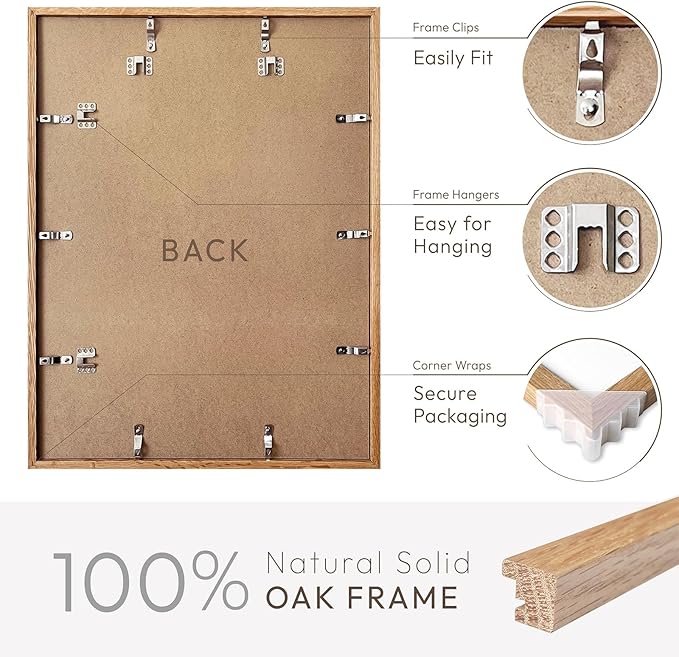 16x20 Picture Frame, 20x16 Solid Oak Picture Frame with Mat, 16x20 Natural Wood Frame for Wall Art Photo, Set of 3