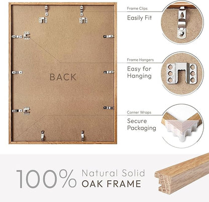 16x20 Picture Frame, Solid Oak 16x20 Picture Frame with Mat, 20x16 Natural Wood Frame for Wall Art Photo, Set of 1