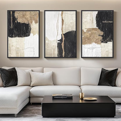 Framed Black and White Abstract Wall Art for Living Room, Large Gold 3 Piece Modern Canvas Prints Artwork for Walls, Black White and Gold Minimalist Paintings for Hallway Office Wall Decor, 24x36 Inch