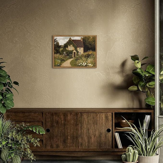 Vintage Cottage Core Wall Art, Farmhouse Landscape Wall Decor Painting Country House Artwork 3D Textured Hand Drawn Sandstone for Bedroom Living Room 12x16 inch Wood Framed