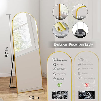SCWF-GZ 57x20 Door Hanging Full Length Mirror, Floor (Height 5.7ft just Body in1.3ft) or Wall Mounted Metal Frame Arch Dressing Mirrors for Bedroom Bathroom Living Room 57 20 inch Gold