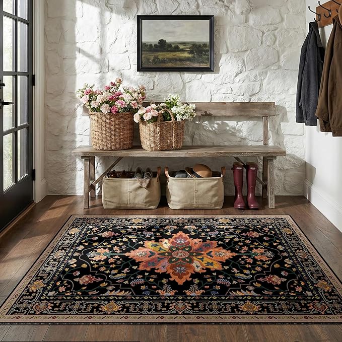 RELEANY Area Rugs 5'x8' Washable Non-Slip, Floral Vintage Distress Print Pattern Medallion Carpet for Living Room Bedroom Dining Room, Black Colorful Floral Dark Tan