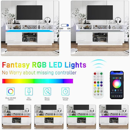chartustriable LED TV Stand for 75 Inch TV, Modern Tall Entertainment Center with Power Outlets, High Gloss TV Stand, Gaming TV Media Console with Glass Shelf for Living Room, 63 Inch, White