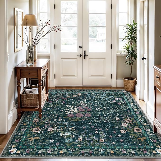 5x5 Living Room Area Rug Washable: Floral Non-Slip Mats for Indoor Floor Entryway Dining Room Bedroom - Soft Thin Carpet for Vintage Neutral Home Decor (5ft Square, Green)