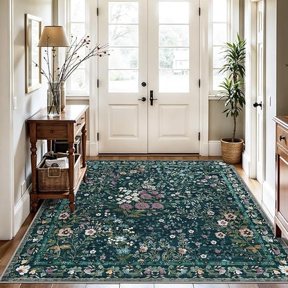 5x5 Living Room Area Rug Washable: Floral Non-Slip Mats for Indoor Floor Entryway Dining Room Bedroom - Soft Thin Carpet for Vintage Neutral Home Decor (5ft Square, Green)