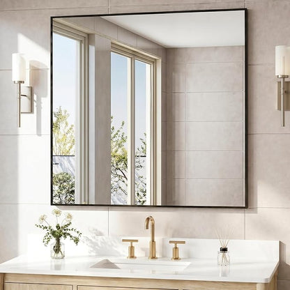 36" x 36" Large Matte Black Wall Mirror, Oversized Square Metal Framed Decor, Modern Statement Mirror for Living Room & Bathroom Vanity