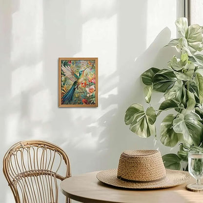 Framed Vintage 3D Textured Wall Art - Colorful Hummingbird Floral Wall Decor - Hand Painted Sandstone Nature Botanical Picture for Living Room Bedroom Home Decor 8x10 inch