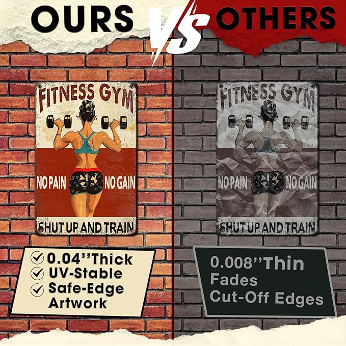 Women‘s Gym Motivational Metal Sign “No Pain No Gain And Train” - 8x12 Inch Vintage Tin Wall Art for Home Gym, Workout Room & Funny Gift Decor